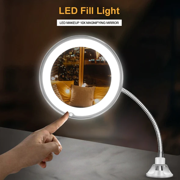 Illuminated 10x Magnification Vanity Mirror with Adjustable Gooseneck & LED Ring Light | Thomler