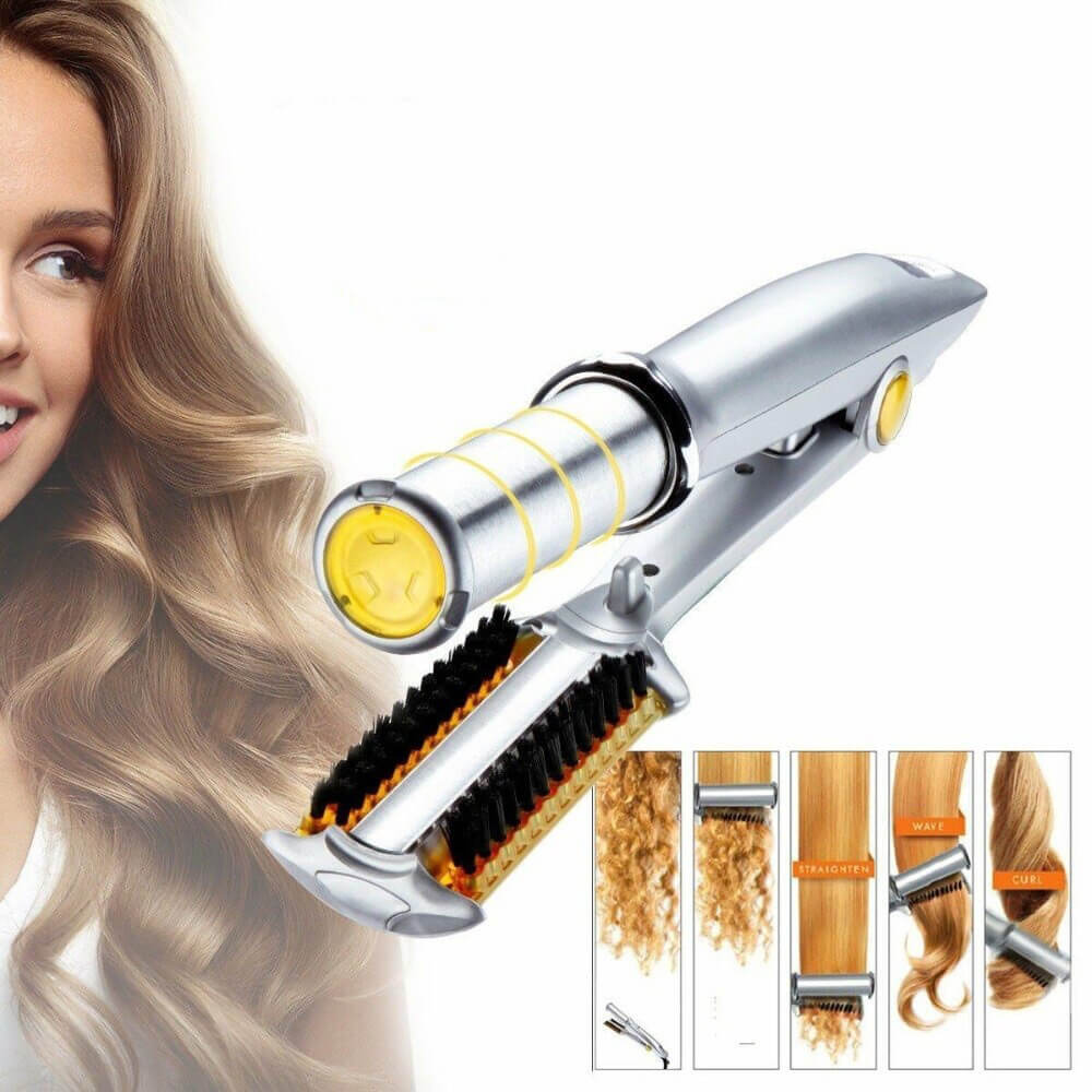 Dual-Action Rotating Hair Styling Tool – Curls & Straightens Wet or Dry Hair with Ceramic Barrel & Ionic Bristles for Salon Blowouts at Home | Thomler
