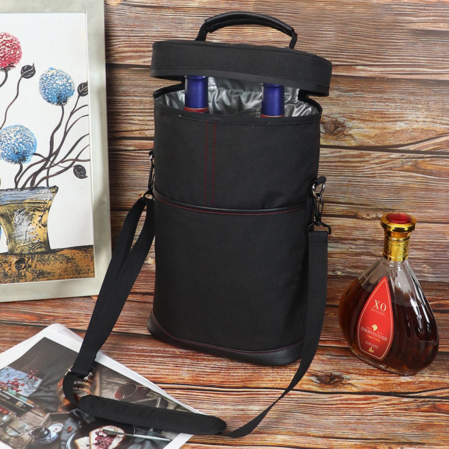 Padded Two-Bottle Wine Carrier Bag with Shoulder Strap for Picnics Parties Outdoor Travel Beach Dinner Events Wine Tastings Gifts | Thomler