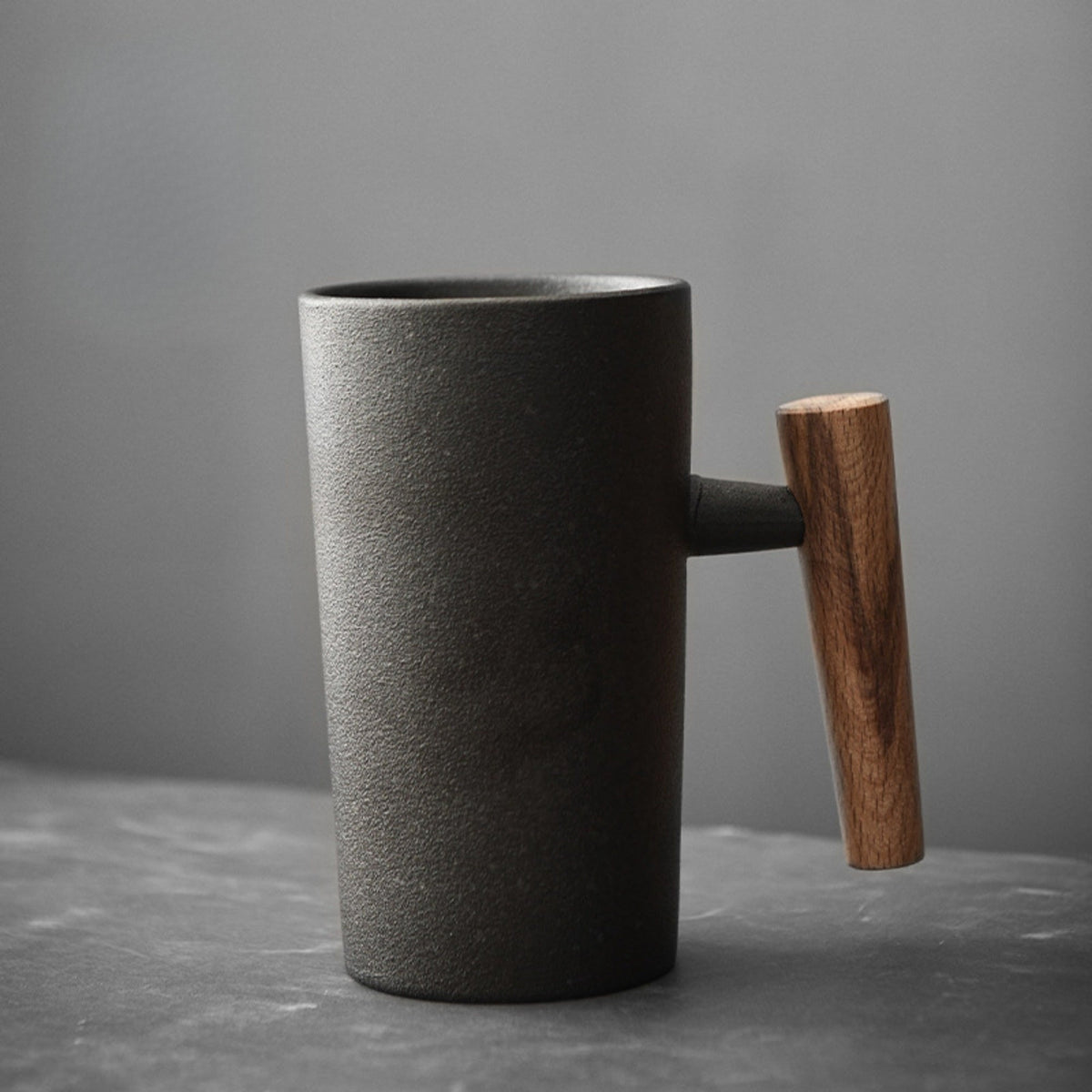 Stone-Texture Ceramic Coffee Mug with Wooden Handle for Hot Beverages | Kitchen Drinkware Cup for Tea Coffee Latte | Modern Rustic Nordic | Thomler