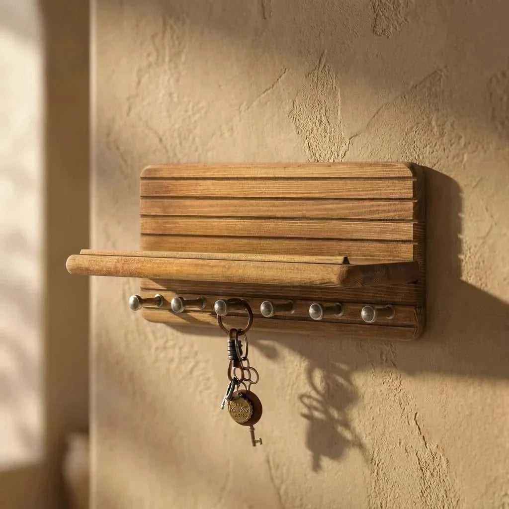 Wooden Entryway Organizer with 8 Hooks & Shelf for Keys, Mail & Everyday Essentials | Space-Saving Wall Mount Storage Rack for Hallway | Thomler