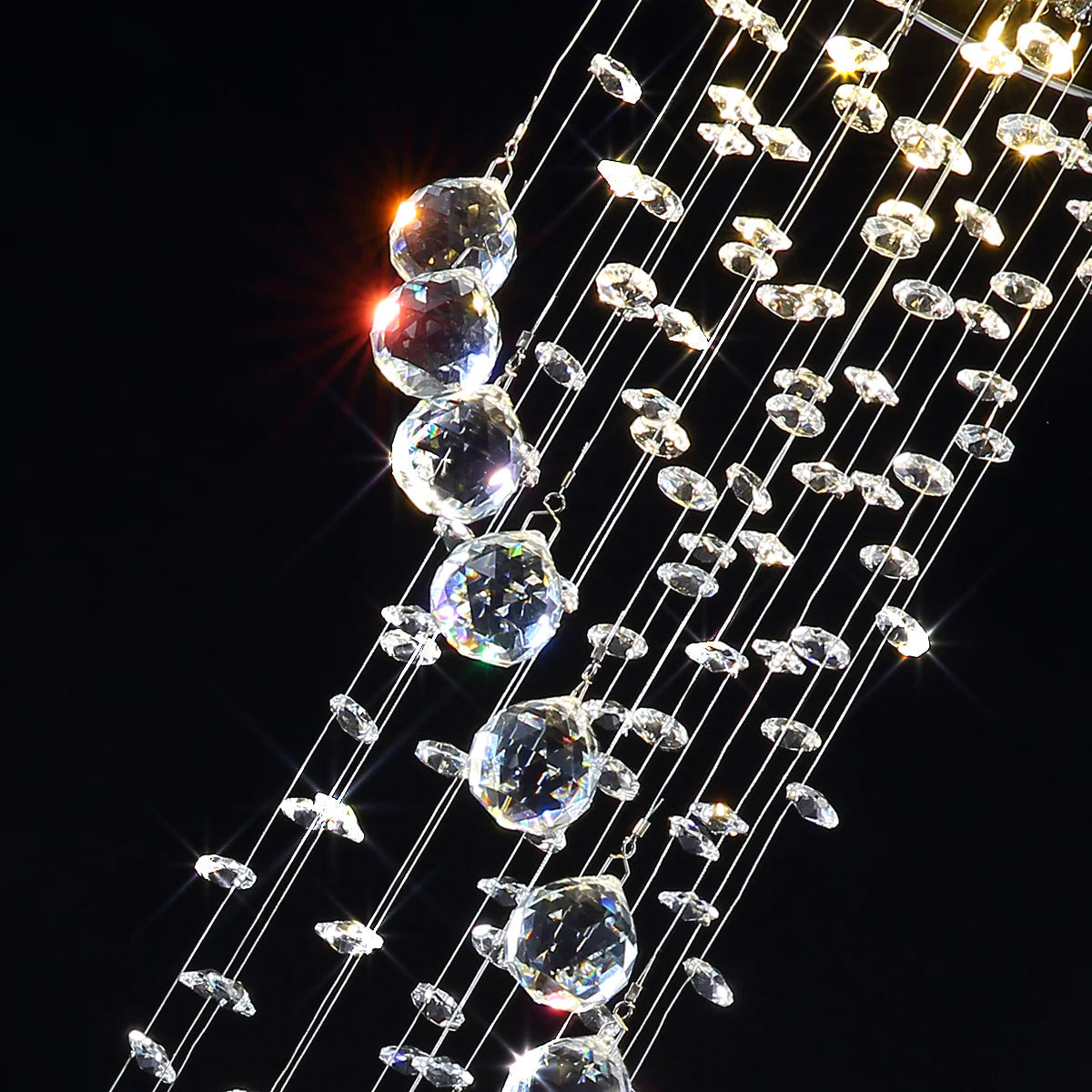 Hanging Raindrop Chandelier with Multi-Tier Clear Faceted Beads & Polished Metal Canopy for Foyer & Stairwell | Thomler