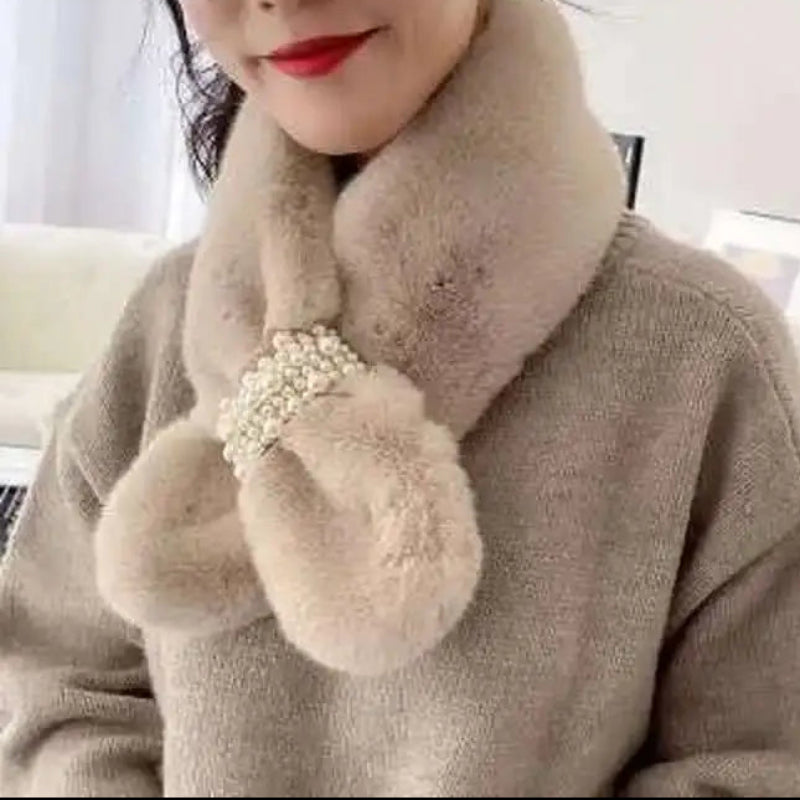 Embellished Faux-Fur Crossover Neckwarmer for Women – Cold-Weather Accessory with Decorative Bead Detail | Thomler