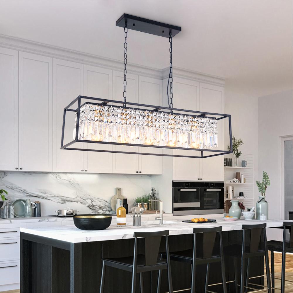 Pendant Light Crystal Glass 90.0 cm Black 5 Light Kitchen Island Dining Table Rectangular Ceiling Hanging Fixture | Thomler