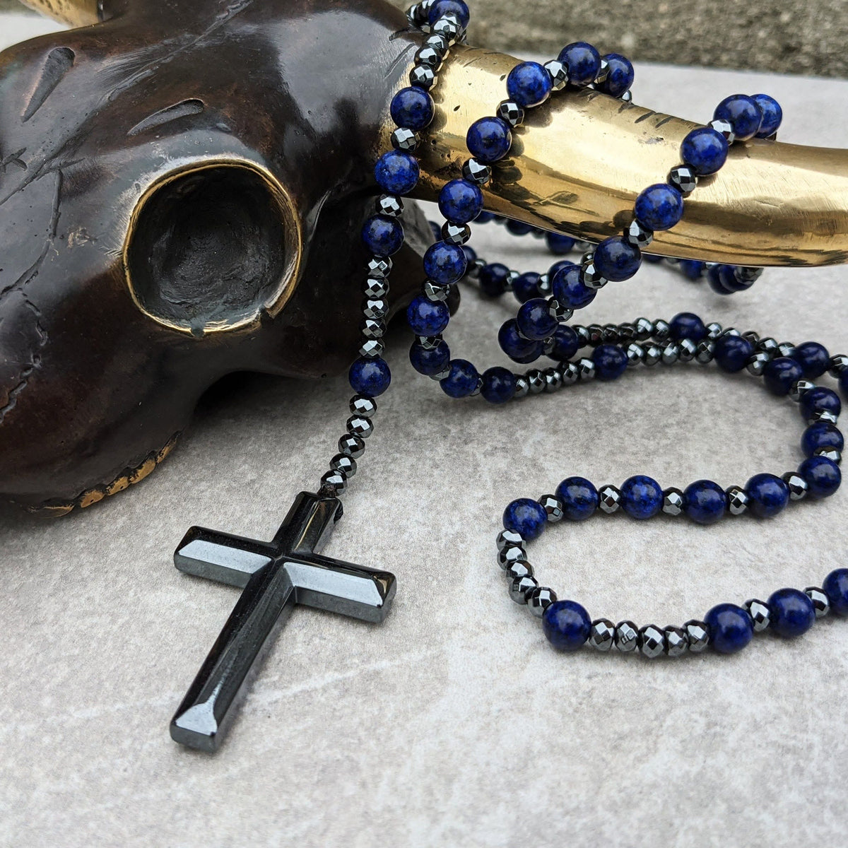 Stone Bead Prayer Chain – Adjustable Gemstone Pendant for Men with Cross Accent | Thomler