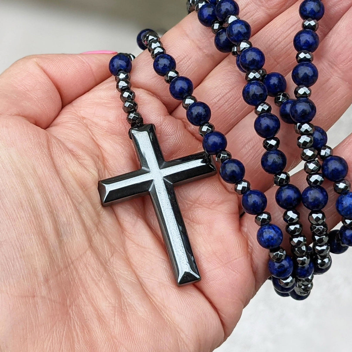 Stone Bead Prayer Chain – Adjustable Gemstone Pendant for Men with Cross Accent | Thomler