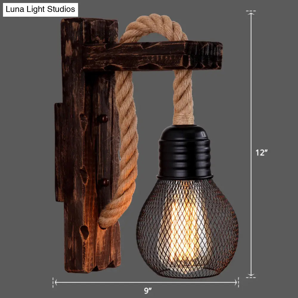Rustic Wood Wall Sconce with Metal Cage and Rope Accent for Bedroom, Hallway, Living Room – E26 Socket Indoor Lighting Fixture | Thomler