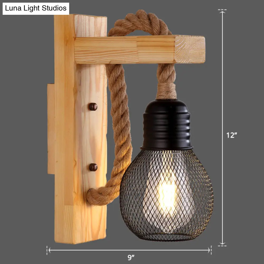 Rustic Wood Wall Sconce with Metal Cage and Rope Accent for Bedroom, Hallway, Living Room – E26 Socket Indoor Lighting Fixture | Thomler