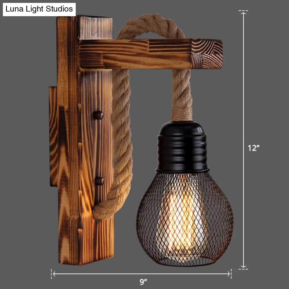 Rustic Wood Wall Sconce with Metal Cage and Rope Accent for Bedroom, Hallway, Living Room – E26 Socket Indoor Lighting Fixture | Thomler
