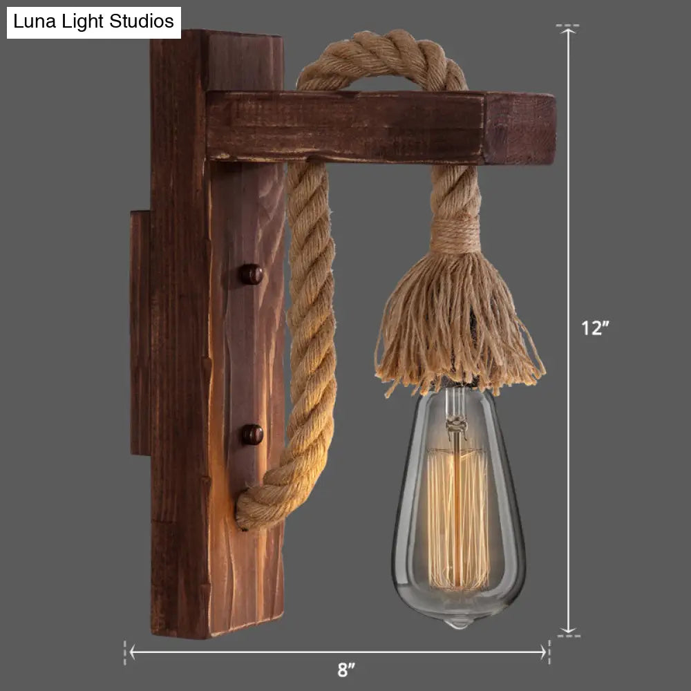 Rustic Wood Wall Sconce with Metal Cage and Rope Accent for Bedroom, Hallway, Living Room – E26 Socket Indoor Lighting Fixture | Thomler