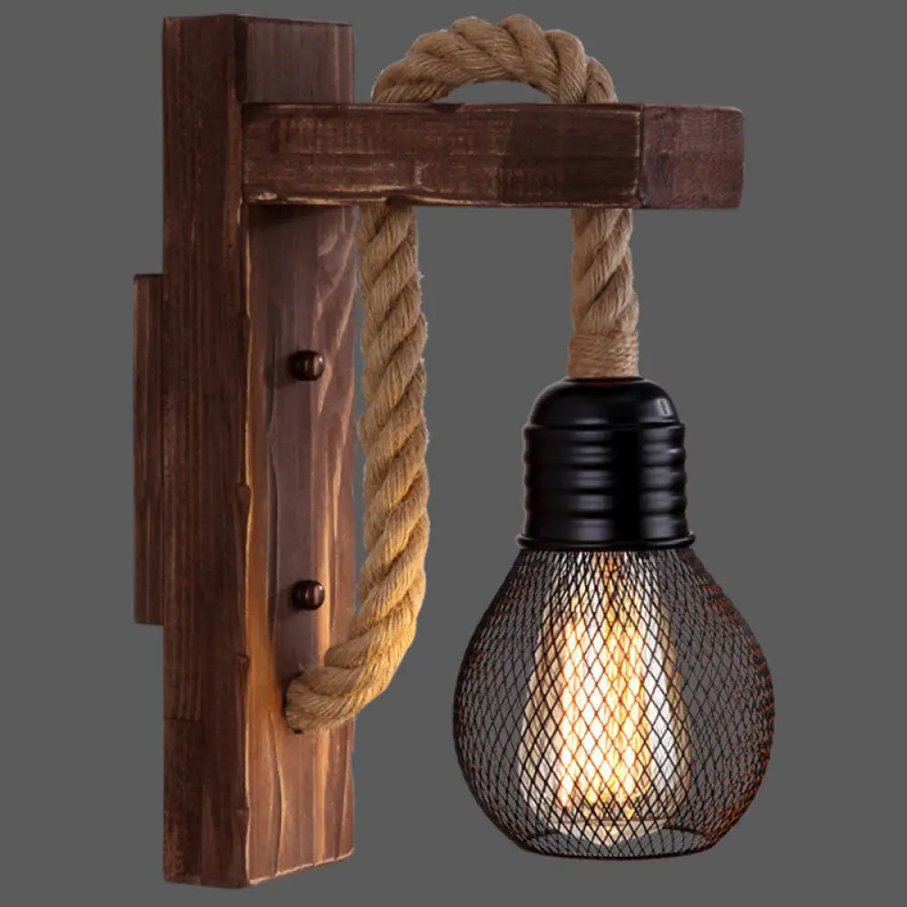 Rustic Wood Wall Sconce with Metal Cage and Rope Accent for Bedroom, Hallway, Living Room – E26 Socket Indoor Lighting Fixture | Thomler