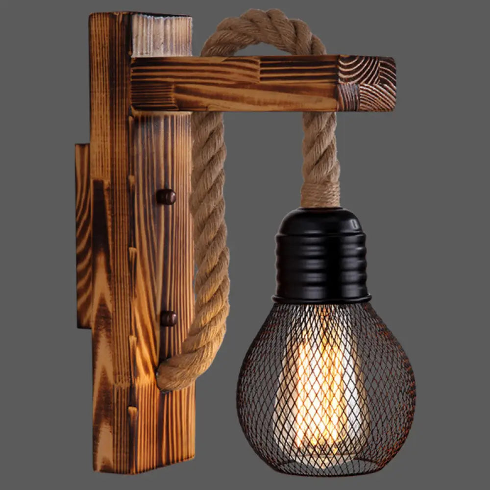 Rustic Wood Wall Sconce with Metal Cage and Rope Accent for Bedroom, Hallway, Living Room – E26 Socket Indoor Lighting Fixture | Thomler
