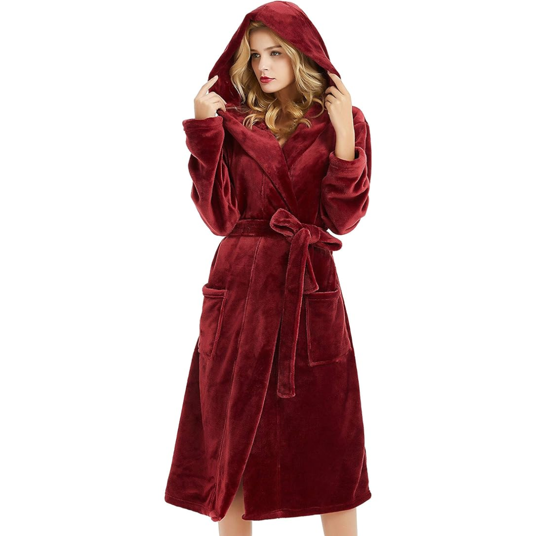 Hooded Fleece Robe for Women Long Soft Plush Loungewear with Pockets Cozy Warm Bathrobe for Lounging Relaxing Sleepwear Gift for Her Cold We | Thomler