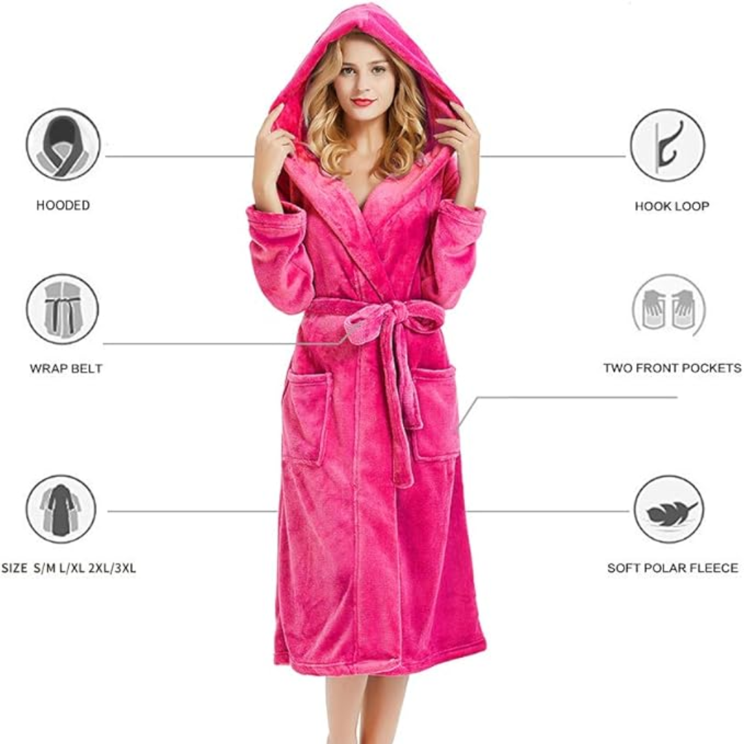 Hooded Fleece Robe for Women Long Soft Plush Loungewear with Pockets Cozy Warm Bathrobe for Lounging Relaxing Sleepwear Gift for Her Cold We | Thomler