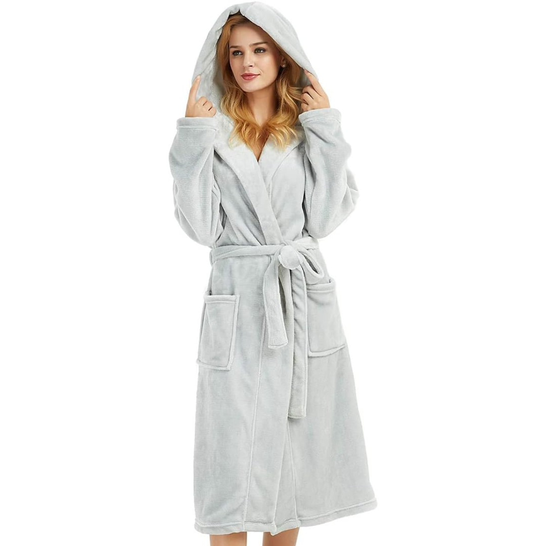 Hooded Fleece Robe for Women Long Soft Plush Loungewear with Pockets Cozy Warm Bathrobe for Lounging Relaxing Sleepwear Gift for Her Cold We | Thomler