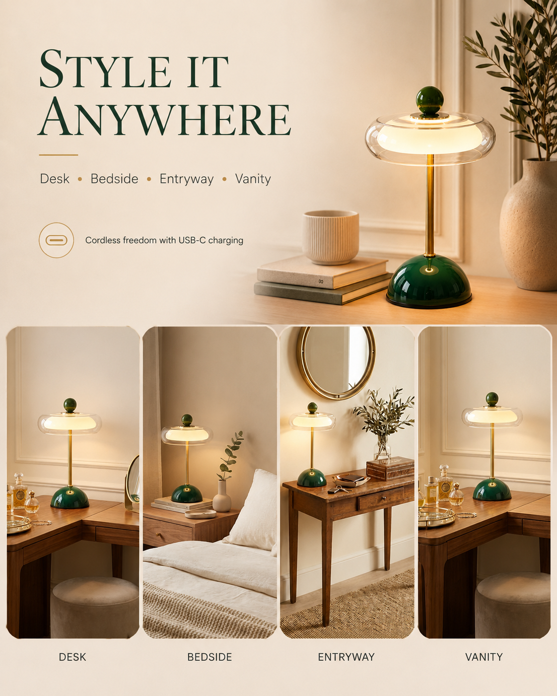 Rechargeable Mid-Century Modern Mushroom Desk Light with Touch Dimming & 3 Light Modes for Bedroom, Living Room & Office | Thomler