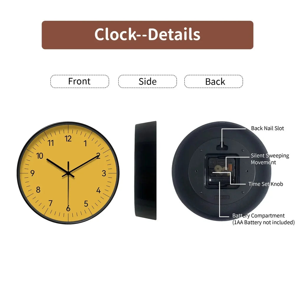 Round Wall Clock 10-14 Inch Silent Sweep Yellow Minimalist Analogue for Bedroom Living Room Office Home Decor | Thomler