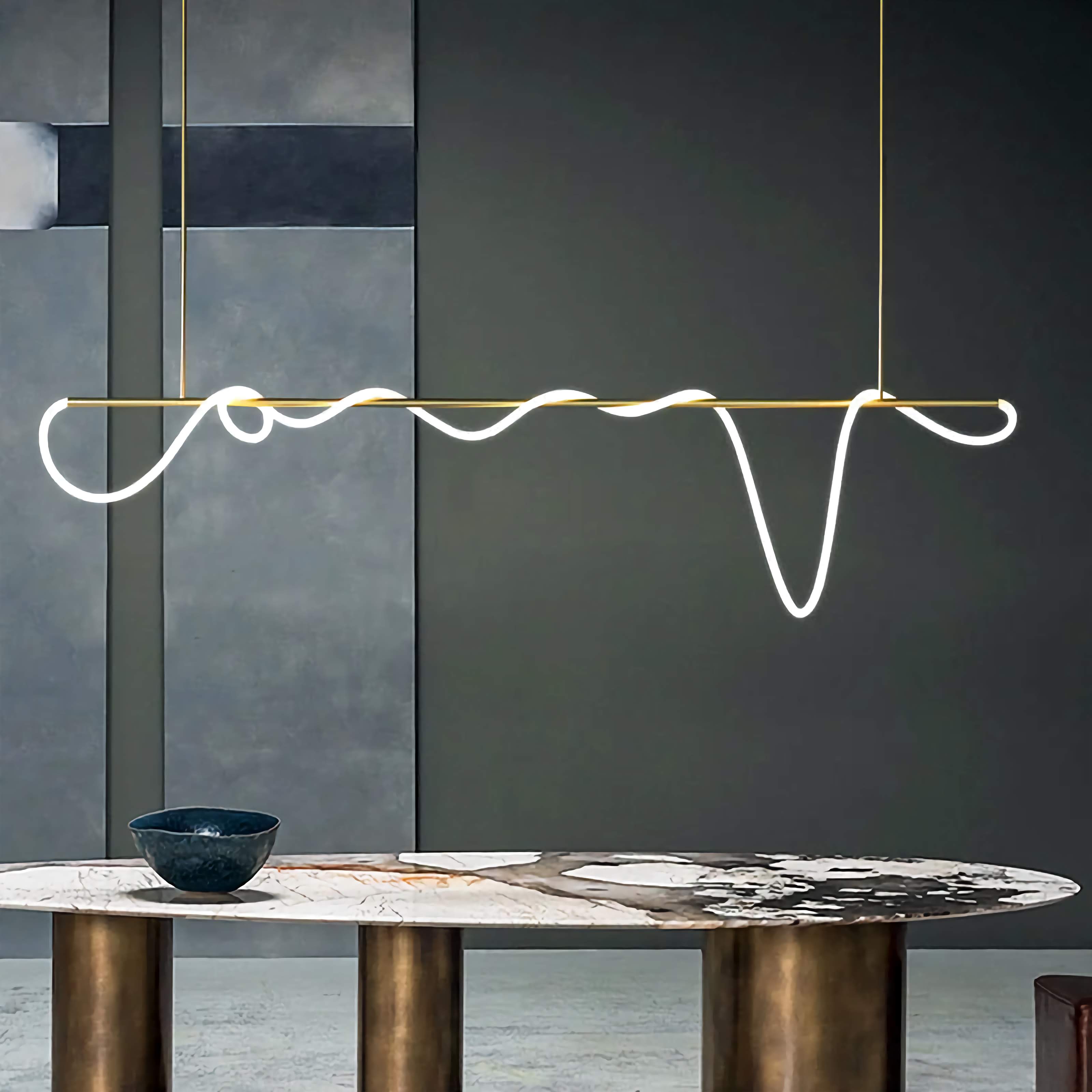 Pendant Light Copper Tube 110.0 cm Gold Dining Room LED Surface Mounted Curved Ceiling Light Minimalist Modern Fixture | Thomler