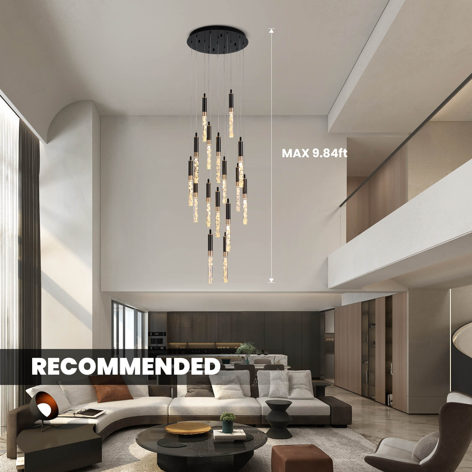 Chandelier K9 Crystal 300.0 cm Black High Ceiling Stairwell Entrance Hall LED Waterfall Light Adjustable Hanging Fixture | Thomler
