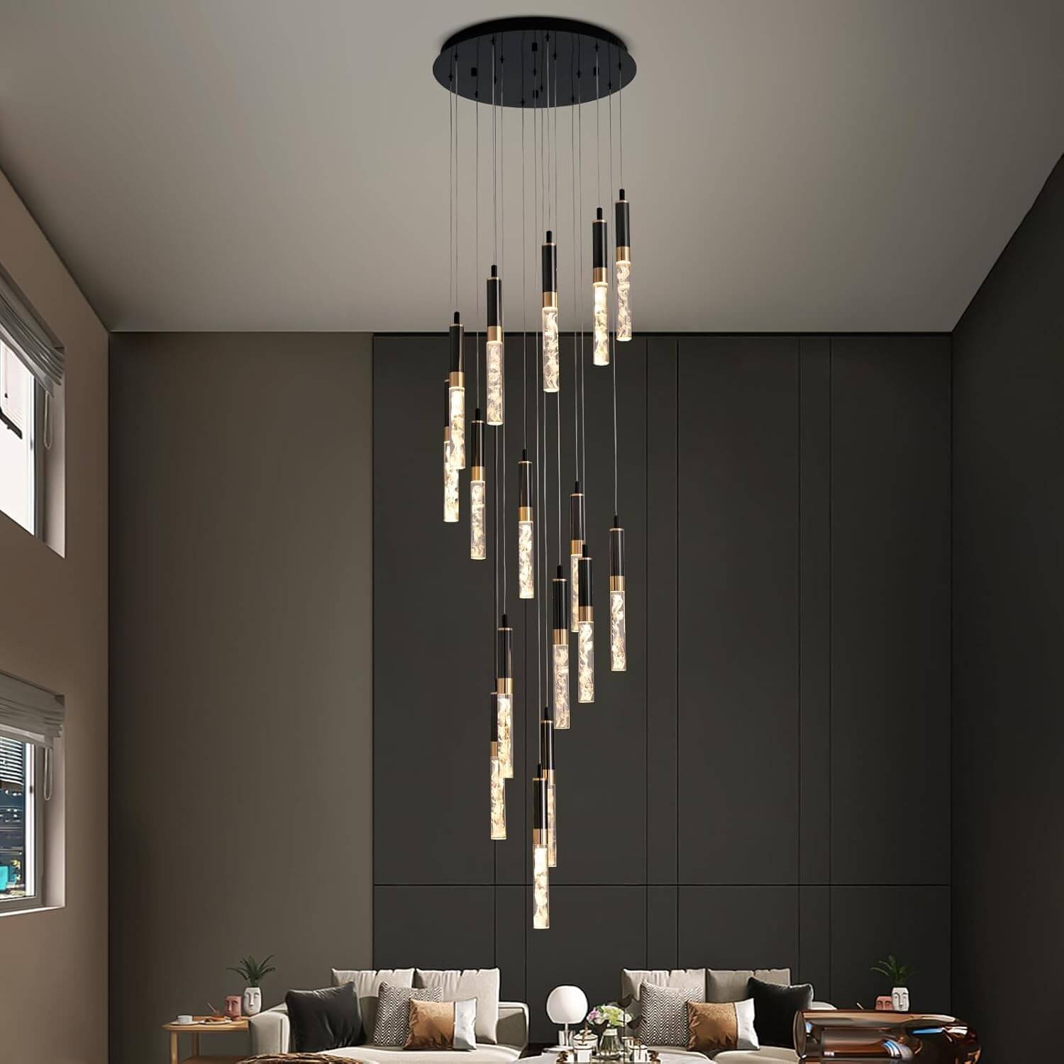 Chandelier K9 Crystal 300.0 cm Black High Ceiling Stairwell Entrance Hall LED Waterfall Light Adjustable Hanging Fixture | Thomler