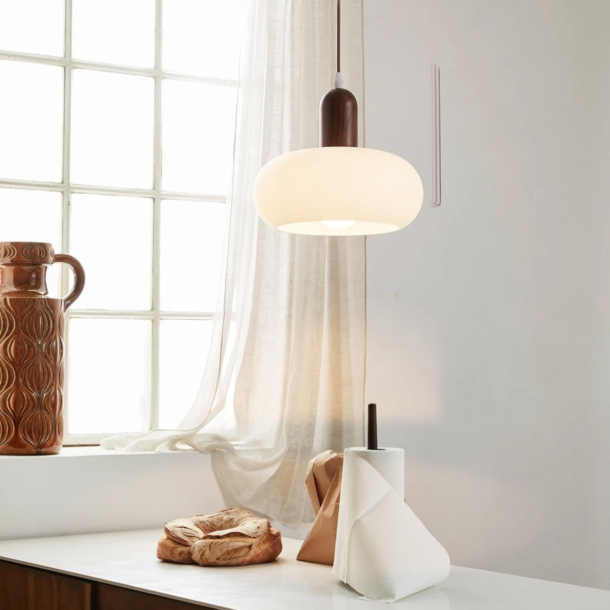 Pendant Light Ceiling Fixture with Cream Shade and Wood Accent for Dining Room, Kitchen Island, Bar Area & Living Space | Thomler