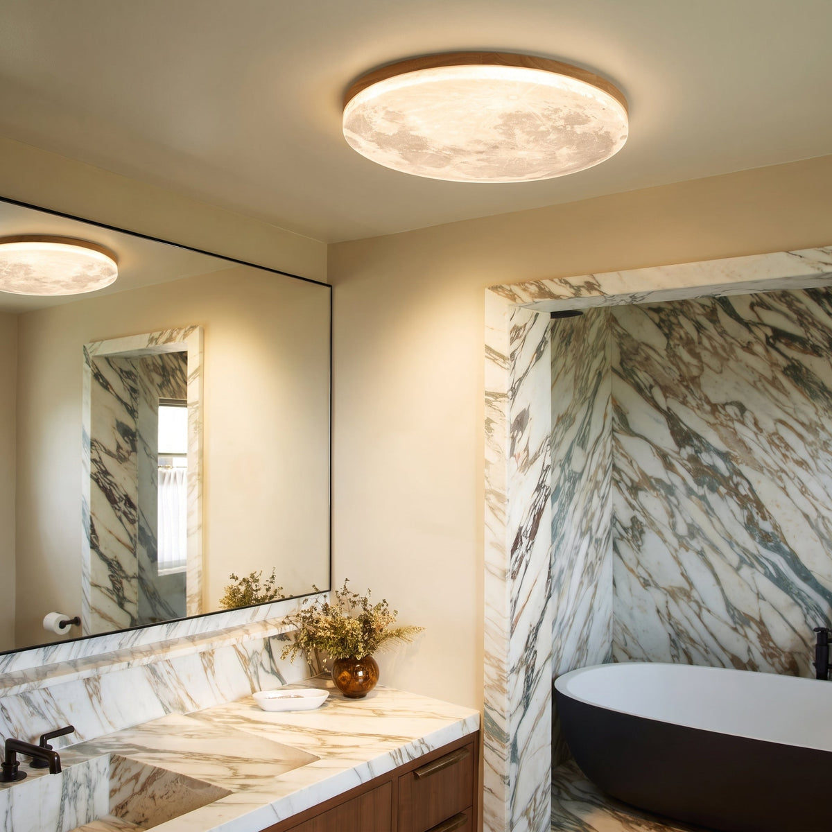 Round LED Ceiling Light Fixture with Dimmer – Wood Grain Finish Flush Mount for Bedroom & Living Room | Thomler