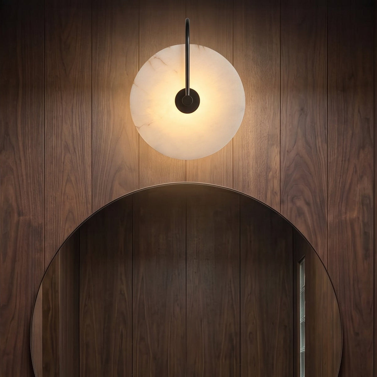 Natural Alabaster LED Wall Sconce – Stone Circle Light with Black or Gold Frame – Warm Glow Accent Lamp for Bedroom Hallway Living Room | Thomler