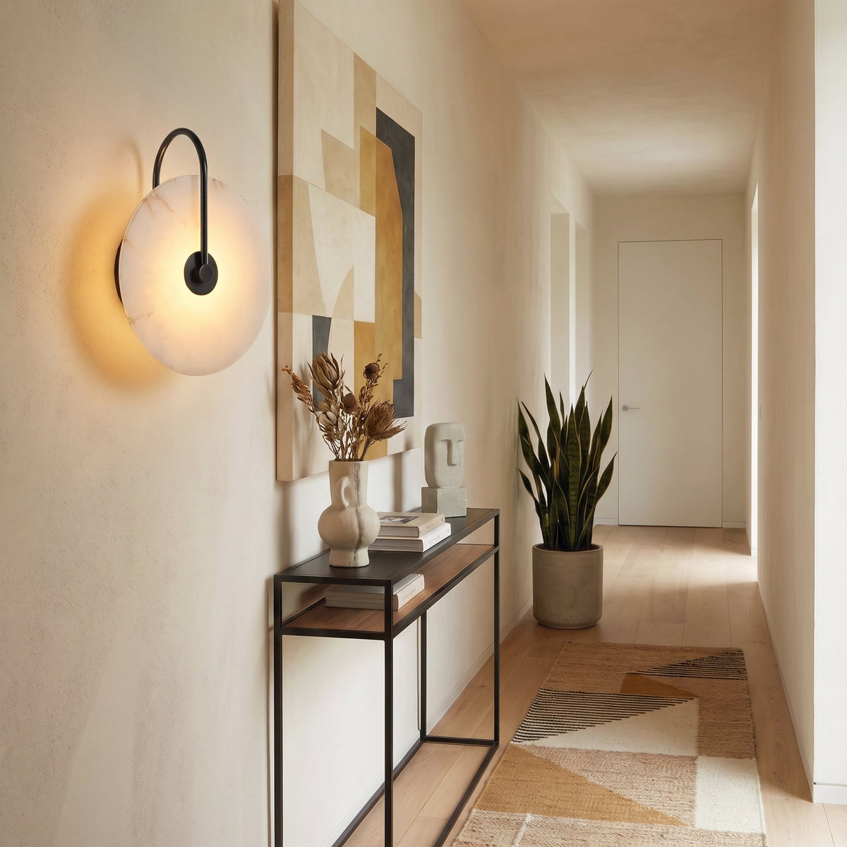 Natural Alabaster LED Wall Sconce – Stone Circle Light with Black or Gold Frame – Warm Glow Accent Lamp for Bedroom Hallway Living Room | Thomler
