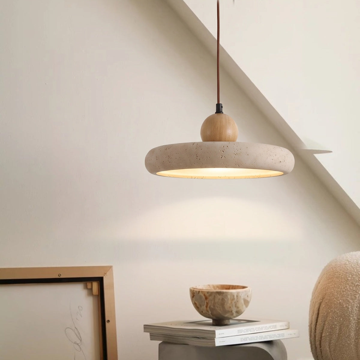 Travertine Stone & Wood Pendant Light – LED Ceiling Lamp for Dining Room, Kitchen Island & Bar – Scandinavian Minimalist Design | Thomler