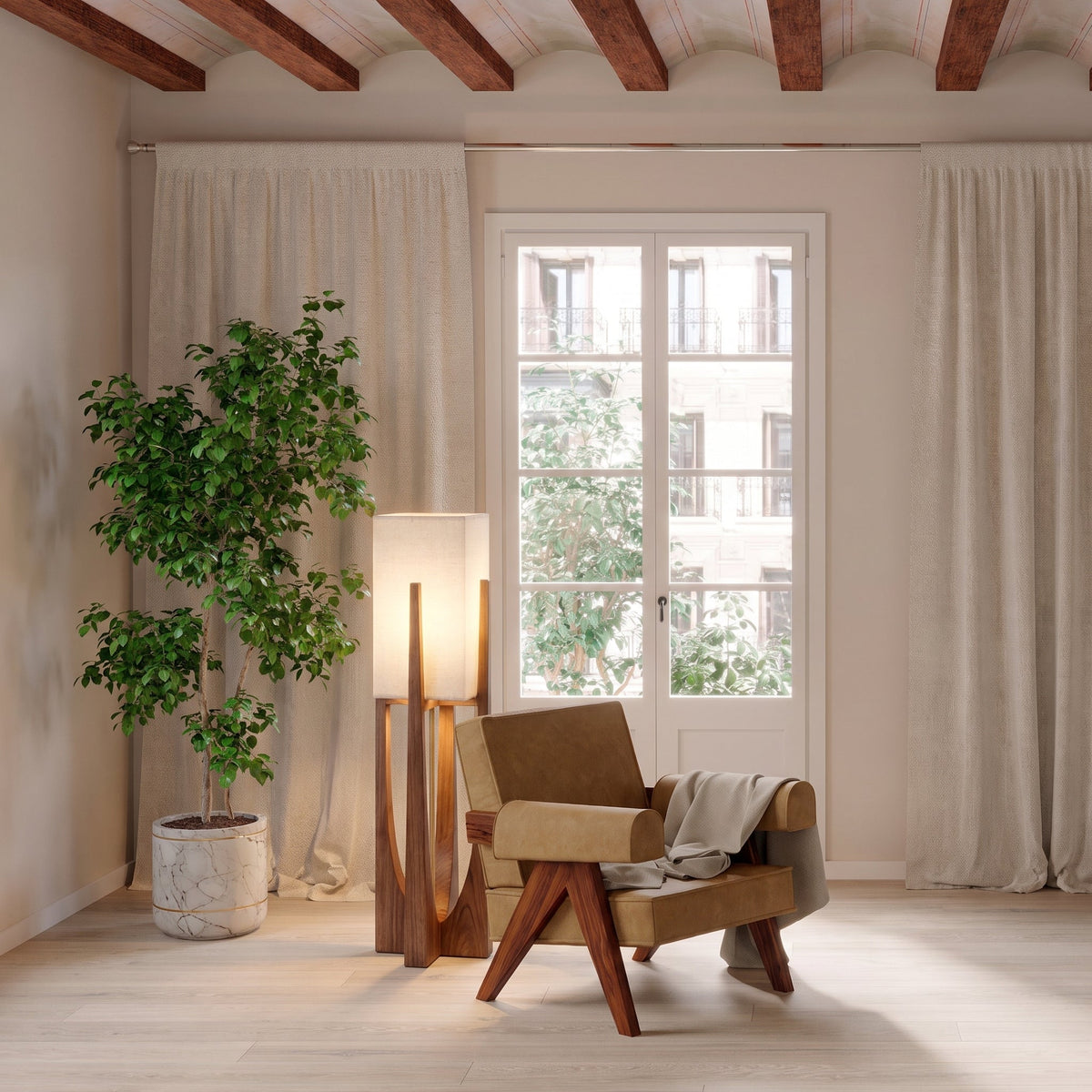 Japanese-Inspired Floor Lamp with Fabric Shade & Wood Base – Warm LED Accent for Living Room, Bedroom & Reading Nook | Thomler