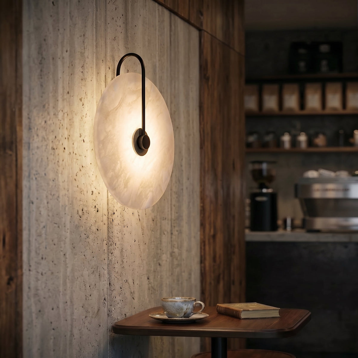 Natural Alabaster LED Wall Sconce – Stone Circle Light with Black or Gold Frame – Warm Glow Accent Lamp for Bedroom Hallway Living Room | Thomler