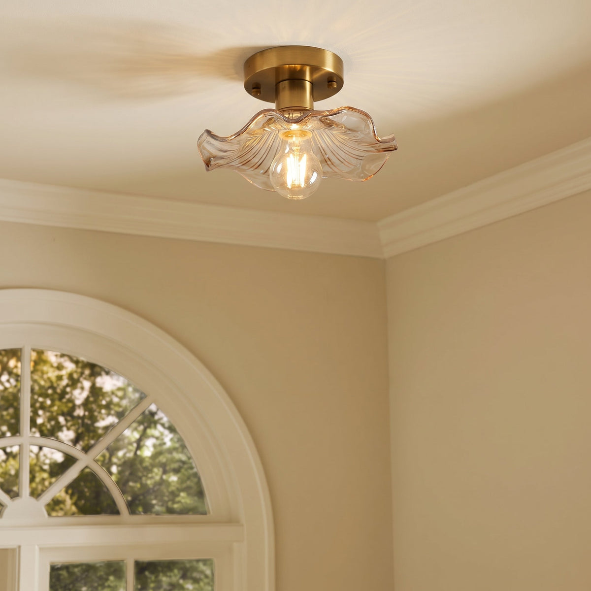 Flush Mount Ceiling Light Fixture – Flower Glass LED Lamp 23 in Diameter for Living Room Bedroom Kitchen | Modern Floral Design Overhead | Thomler