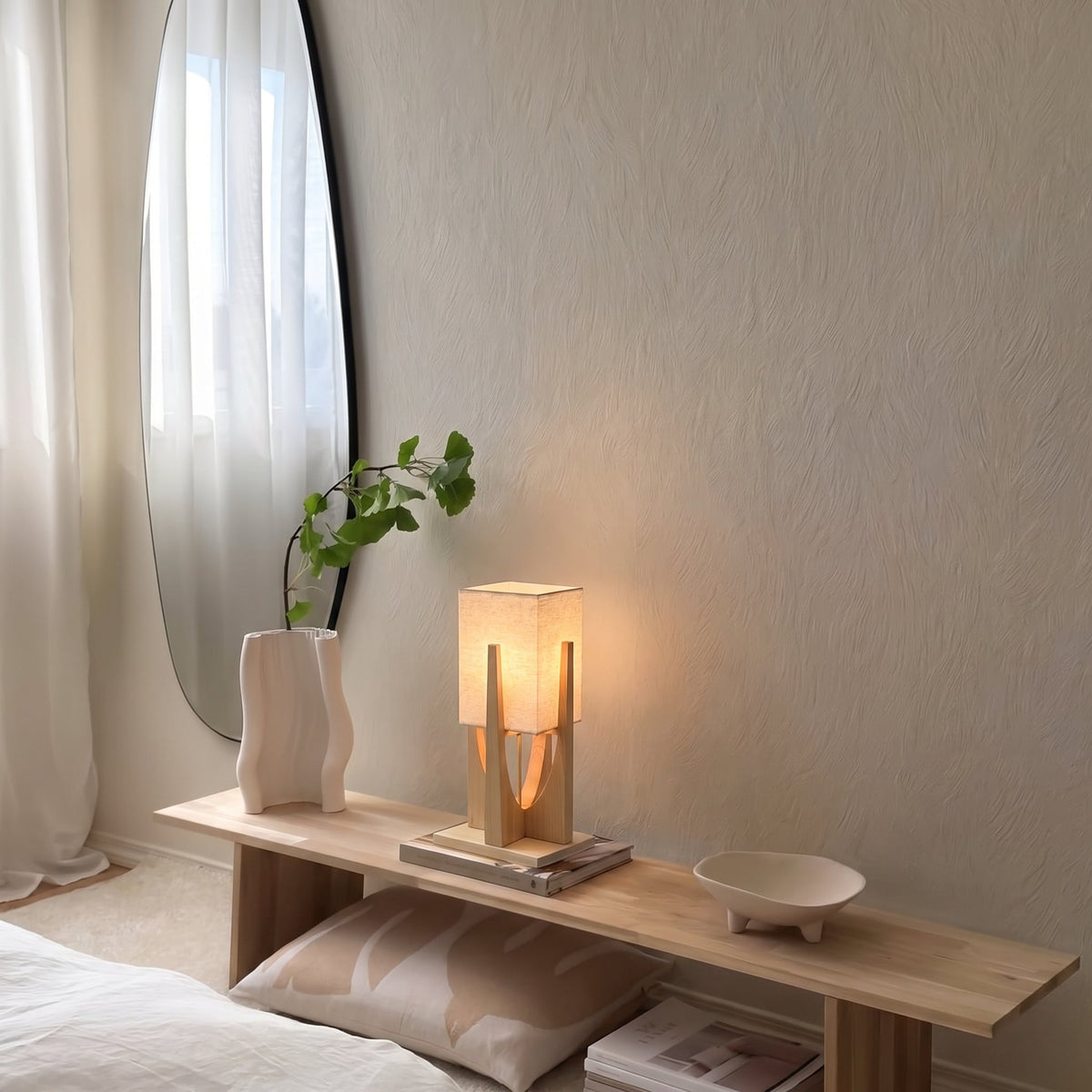 Japanese-Inspired Floor Lamp with Fabric Shade & Wood Base – Warm LED Accent for Living Room, Bedroom & Reading Nook | Thomler