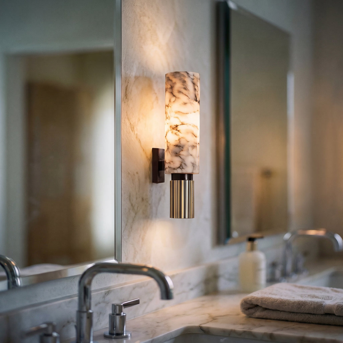 Marble and Copper Wall Sconce with Warm LED Light for Bedroom, Hallway, Living Room – Natural Stone Accent Wall Fixture | Thomler