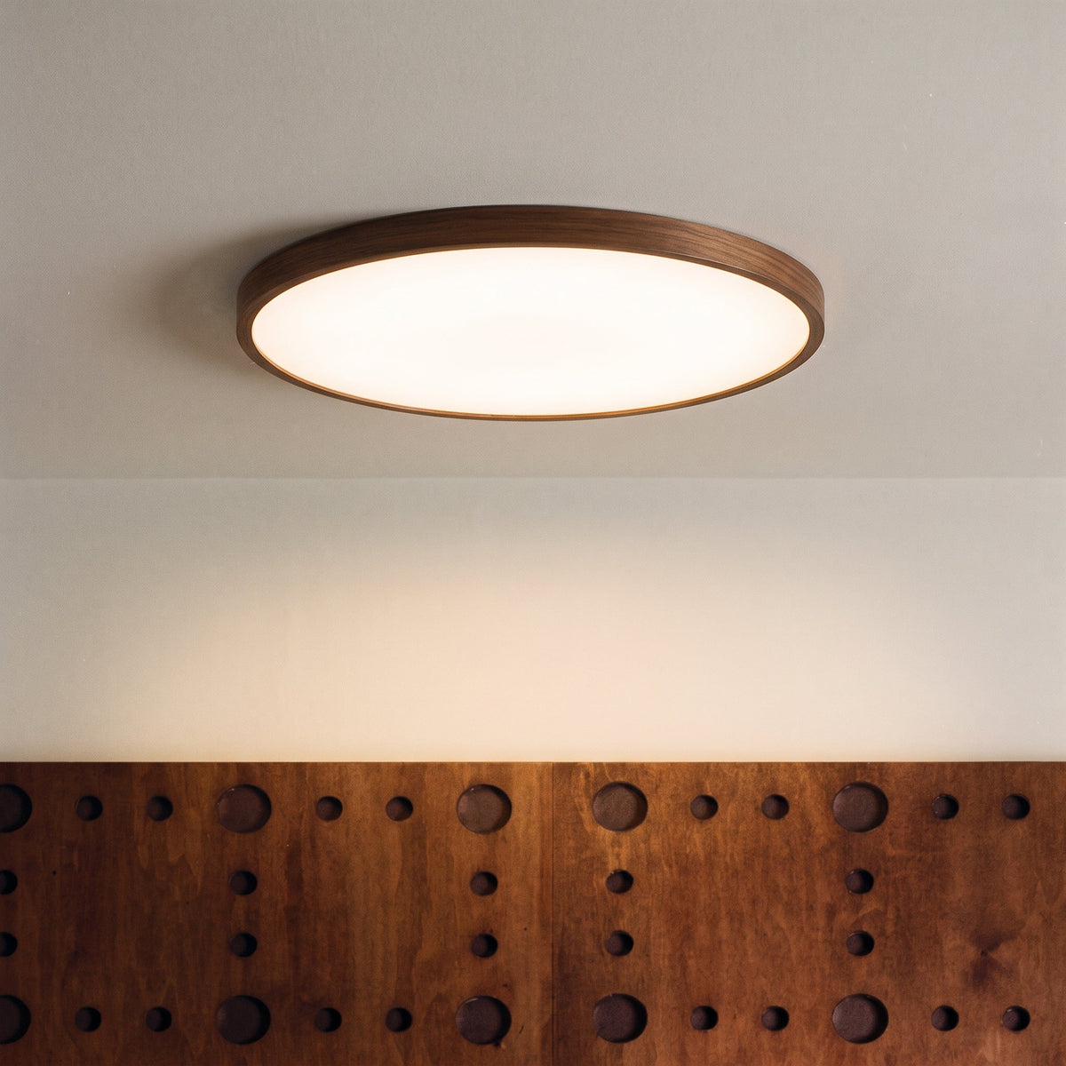 Wooden Flush Mount Ceiling Light Fixture – Natural Dark Grain Round LED Ceiling Lamp for Living Room Dining Room – Scandinavian Nordic | Thomler
