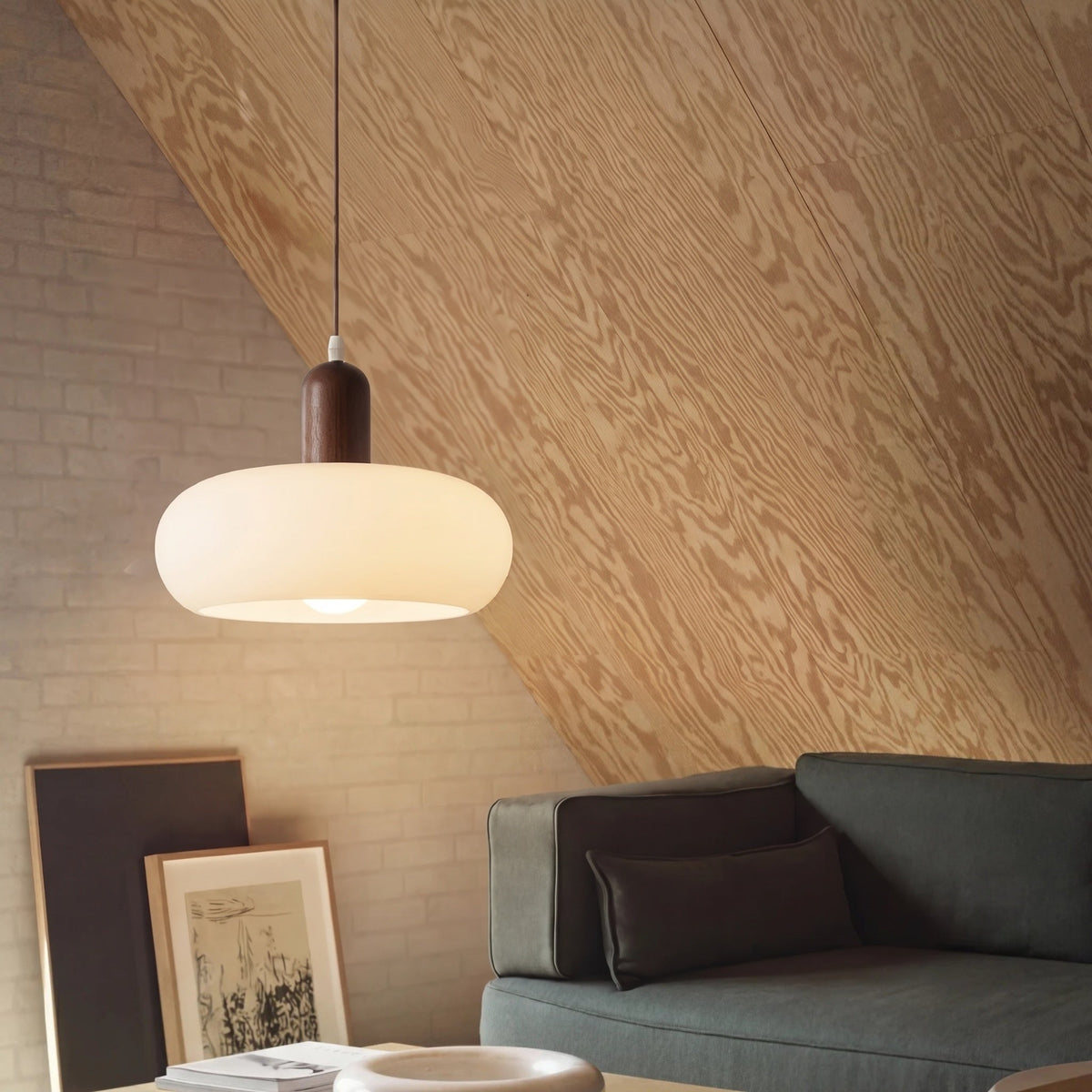 Pendant Light Ceiling Fixture with Cream Shade and Wood Accent for Dining Room, Kitchen Island, Bar Area & Living Space | Thomler