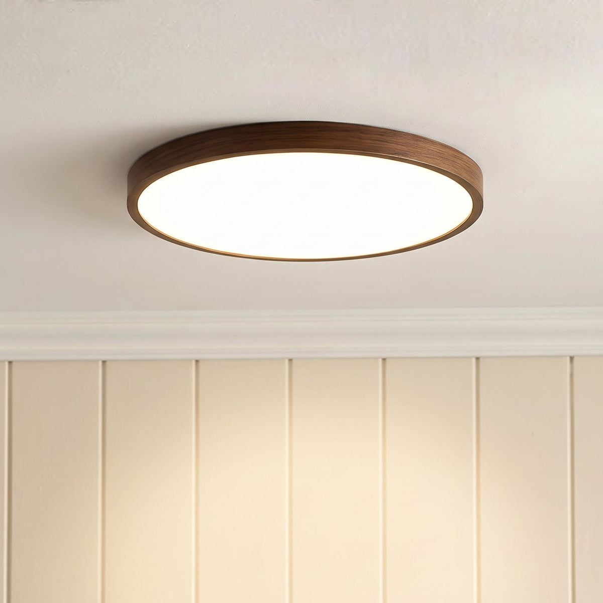 Wooden Flush Mount Ceiling Light Fixture – Natural Dark Grain Round LED Ceiling Lamp for Living Room Dining Room – Scandinavian Nordic | Thomler