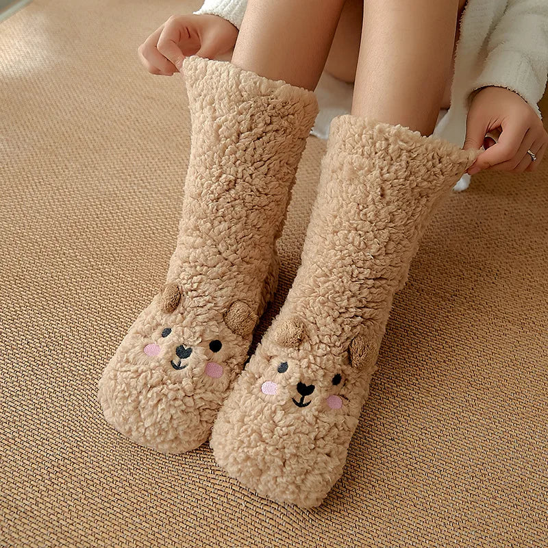 Plush Animal-Face Thermal Fleece Socks – Cozy Grippy Winter House Slippers for Women & Girls | Thomler