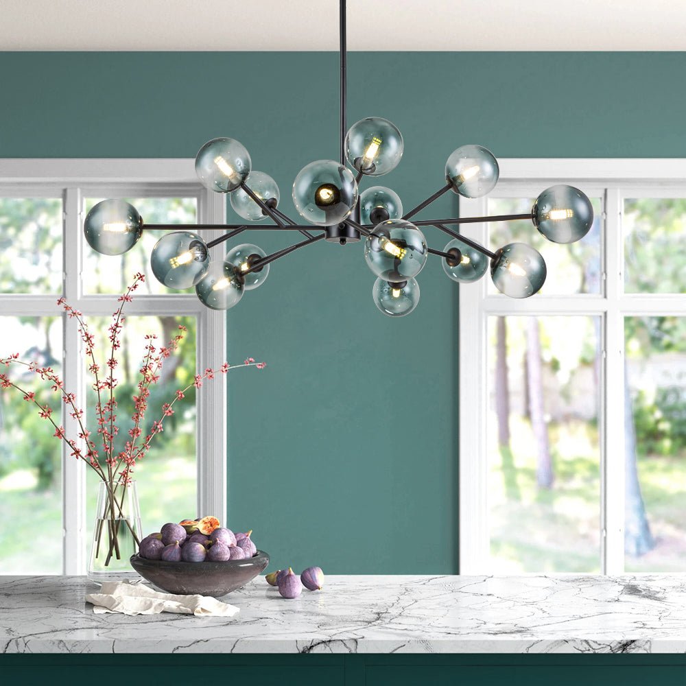 Mid-Century Modern Chandelier with 15 Blue Glass Orbs on Branching Arms for Dining Room & Living Room | Thomler