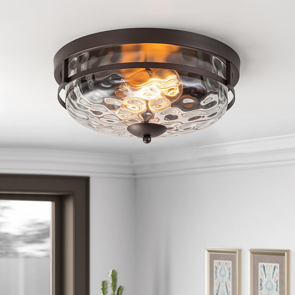 Ceiling Light Hammered Glass 33.0 cm Black Gold Flush Mount Living Room Bedroom Hallway Farmhouse Lighting Fixture | Thomler