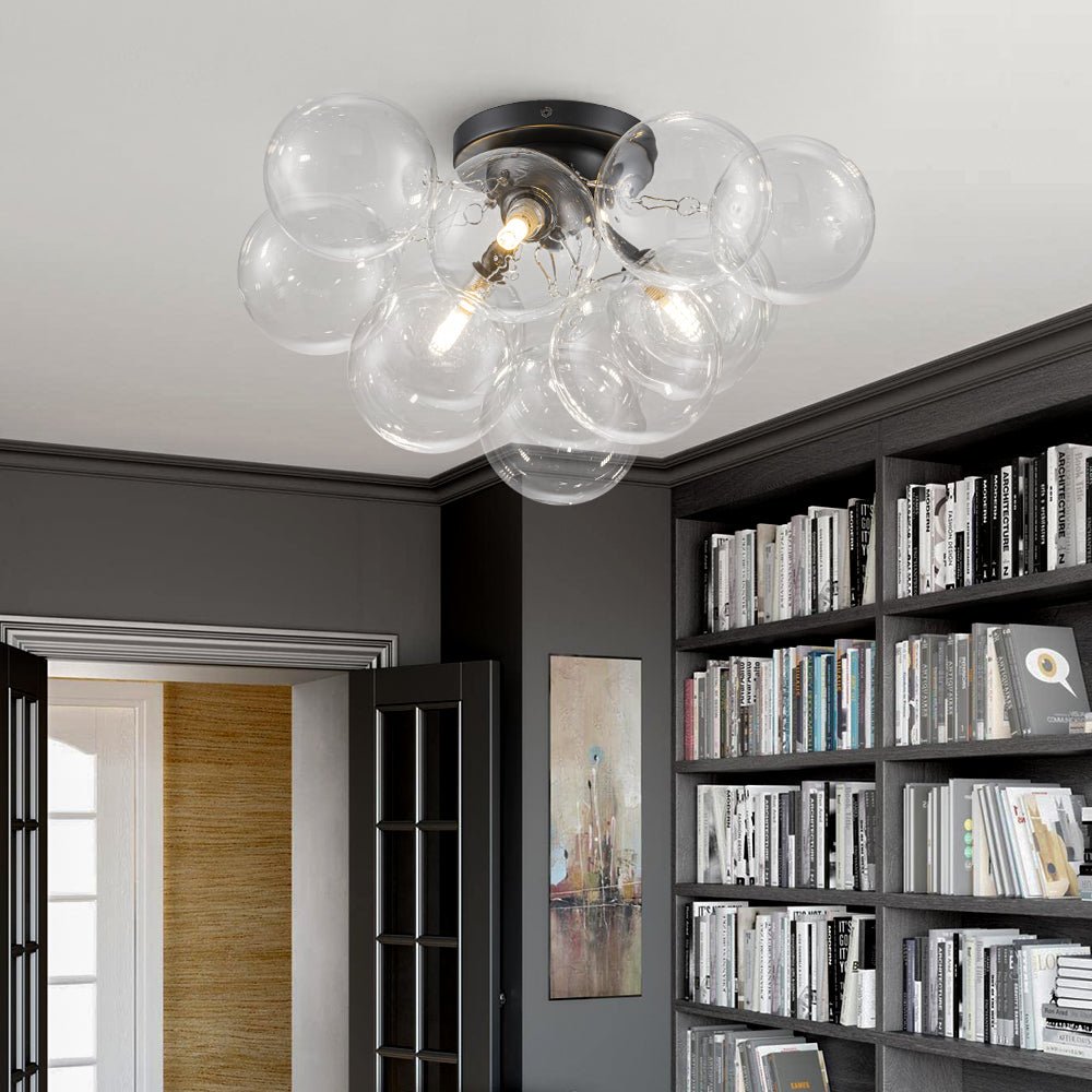 Clear Glass Globe Semi-Flush Ceiling Light, 3-Bulb Brushed Metal Cluster Fixture for Dining Room, Bedroom, Entryway, Bathroom | Thomler
