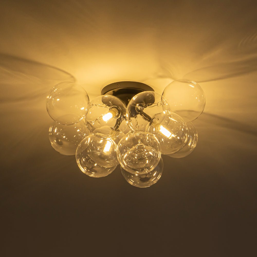 Clear Glass Globe Semi-Flush Ceiling Light, 3-Bulb Brushed Metal Cluster Fixture for Dining Room, Bedroom, Entryway, Bathroom | Thomler