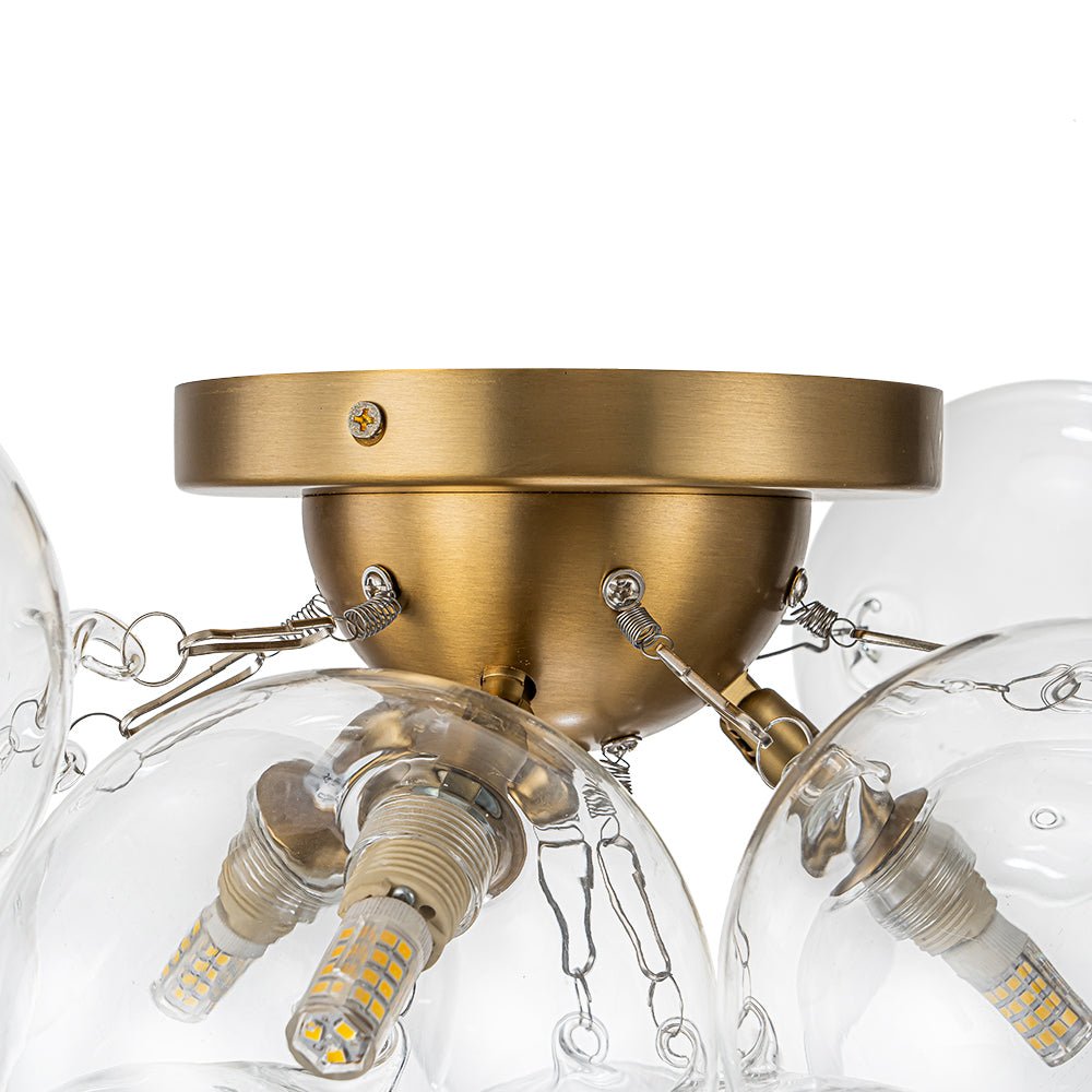Clear Glass Globe Semi-Flush Ceiling Light, 3-Bulb Brushed Metal Cluster Fixture for Dining Room, Bedroom, Entryway, Bathroom | Thomler