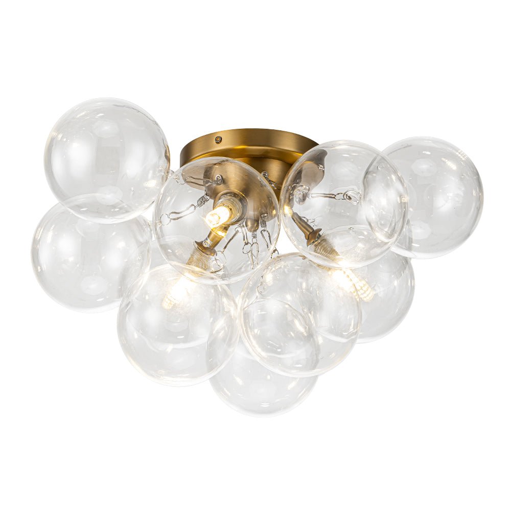 Clear Glass Globe Semi-Flush Ceiling Light, 3-Bulb Brushed Metal Cluster Fixture for Dining Room, Bedroom, Entryway, Bathroom | Thomler