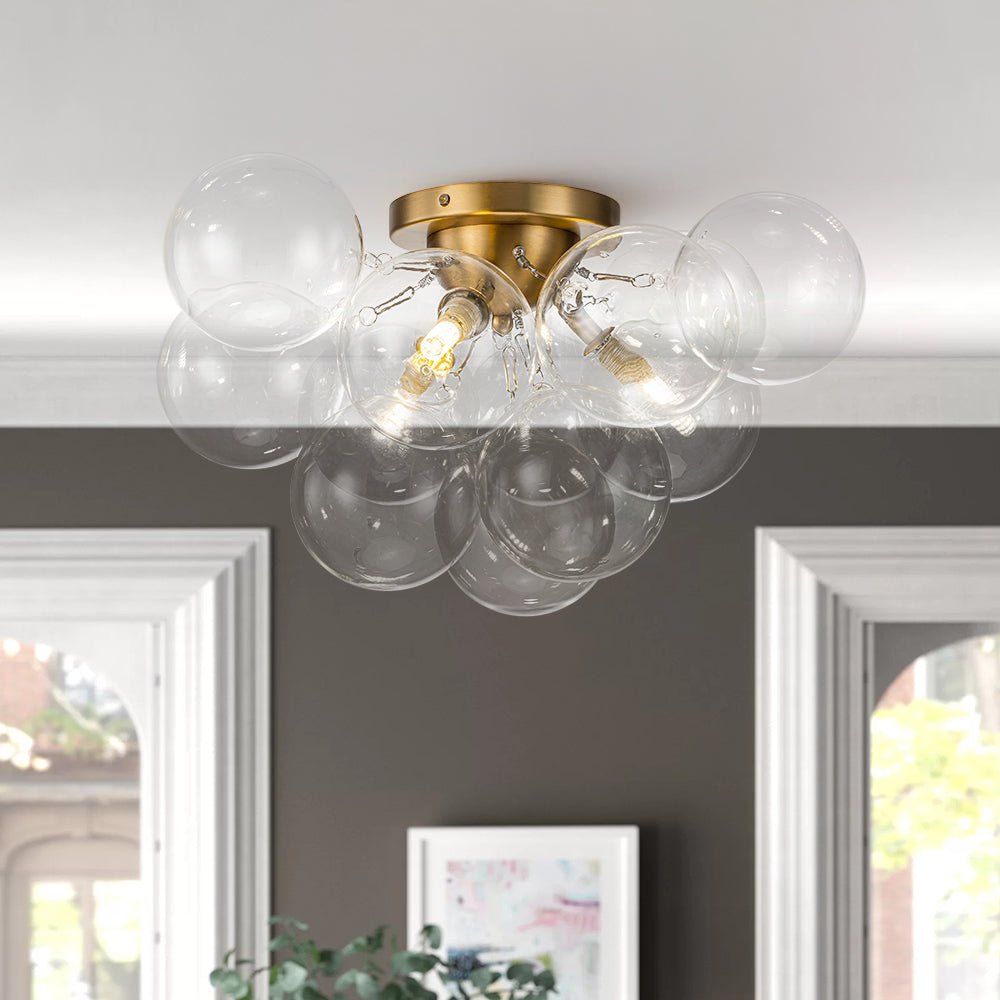 Clear Glass Globe Semi-Flush Ceiling Light, 3-Bulb Brushed Metal Cluster Fixture for Dining Room, Bedroom, Entryway, Bathroom | Thomler