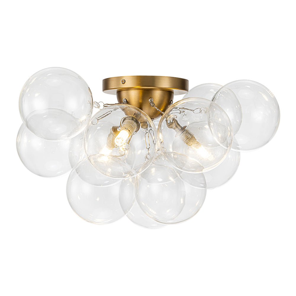 Clear Glass Globe Semi-Flush Ceiling Light, 3-Bulb Brushed Metal Cluster Fixture for Dining Room, Bedroom, Entryway, Bathroom | Thomler