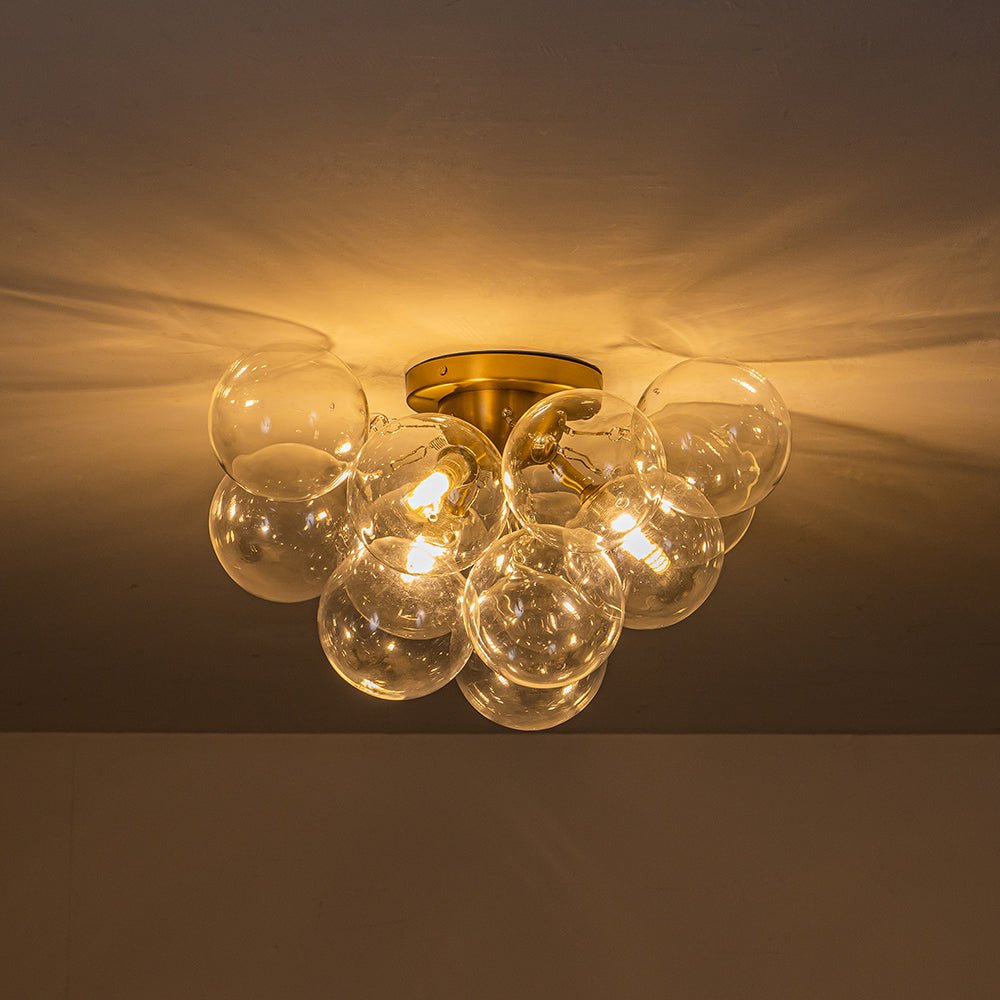 Clear Glass Globe Semi-Flush Ceiling Light, 3-Bulb Brushed Metal Cluster Fixture for Dining Room, Bedroom, Entryway, Bathroom | Thomler