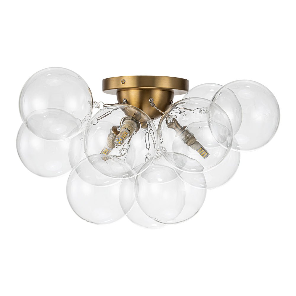 Clear Glass Globe Semi-Flush Ceiling Light, 3-Bulb Brushed Metal Cluster Fixture for Dining Room, Bedroom, Entryway, Bathroom | Thomler
