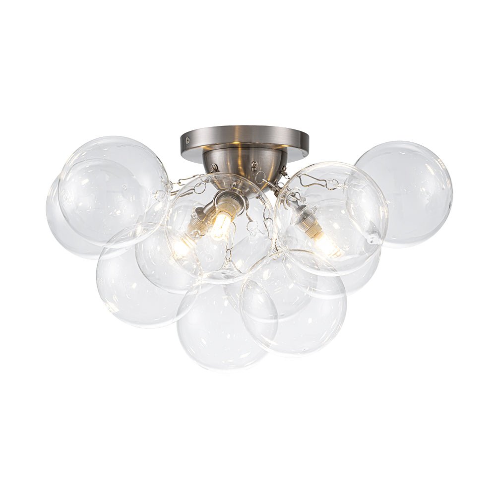 Clear Glass Globe Semi-Flush Ceiling Light, 3-Bulb Brushed Metal Cluster Fixture for Dining Room, Bedroom, Entryway, Bathroom | Thomler