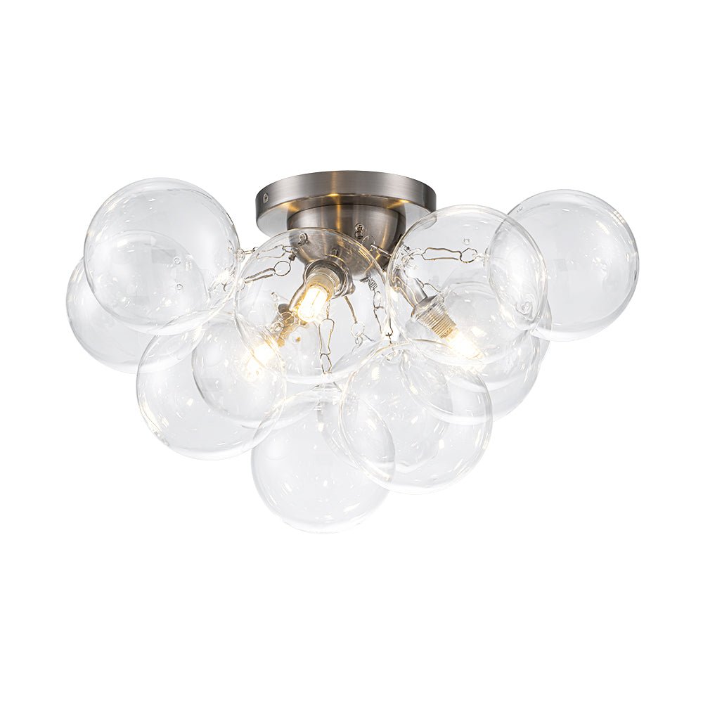 Clear Glass Globe Semi-Flush Ceiling Light, 3-Bulb Brushed Metal Cluster Fixture for Dining Room, Bedroom, Entryway, Bathroom | Thomler